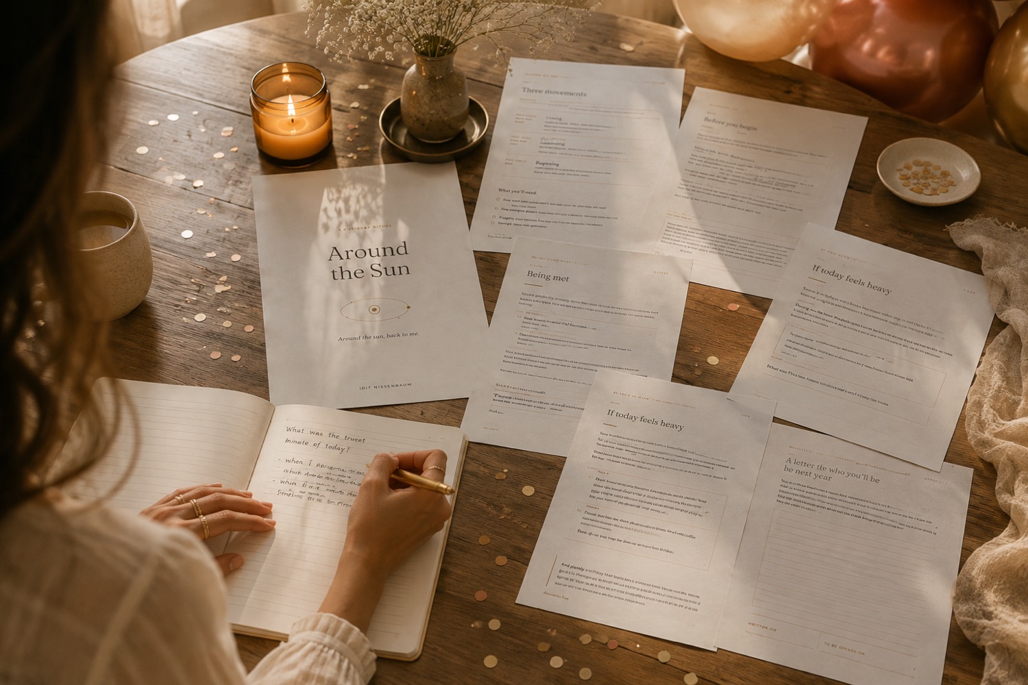 The printed birthday ritual pages on a wooden table with a candle